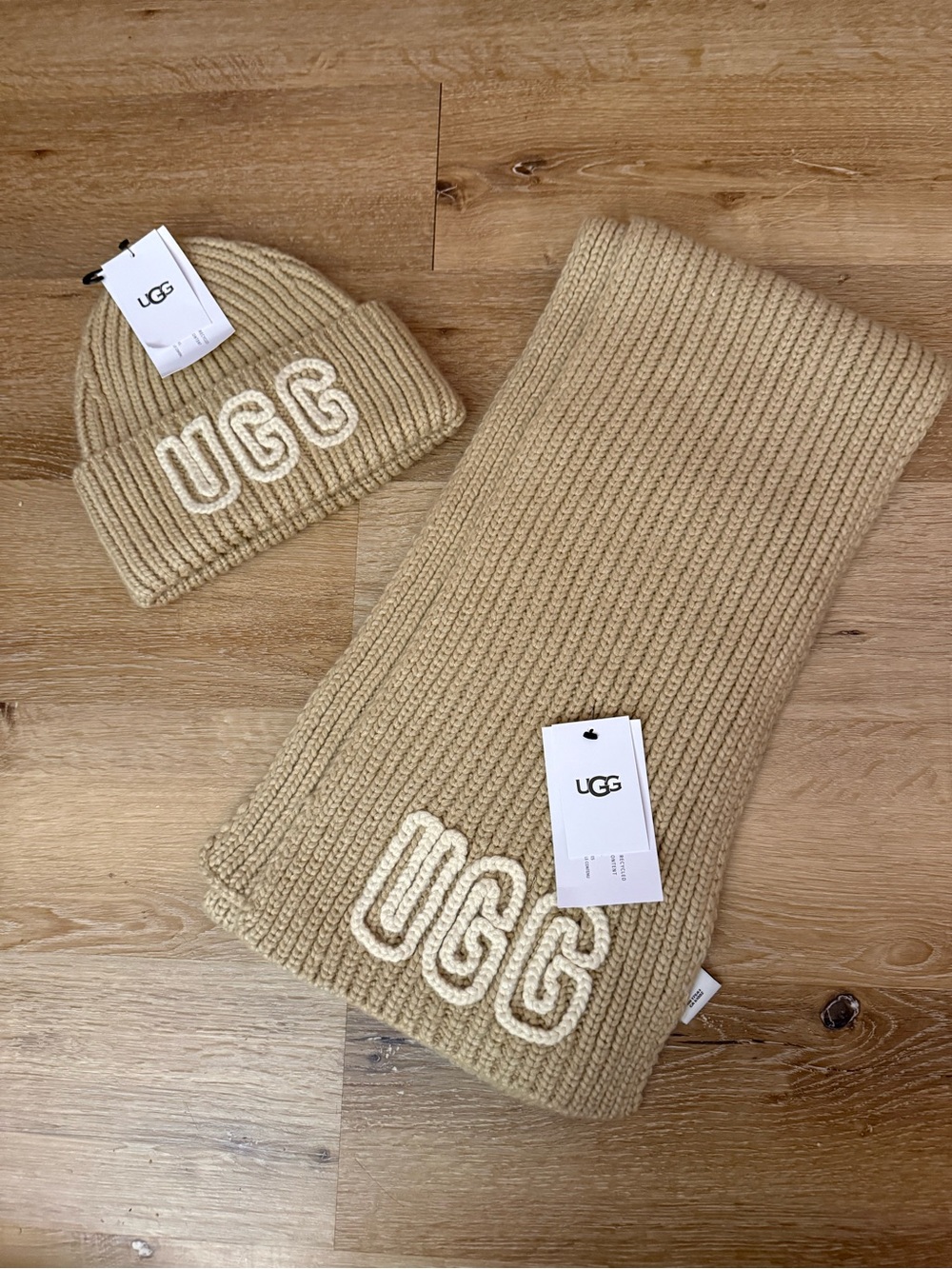 UGG Tan Knit Beanie and Scarf Set